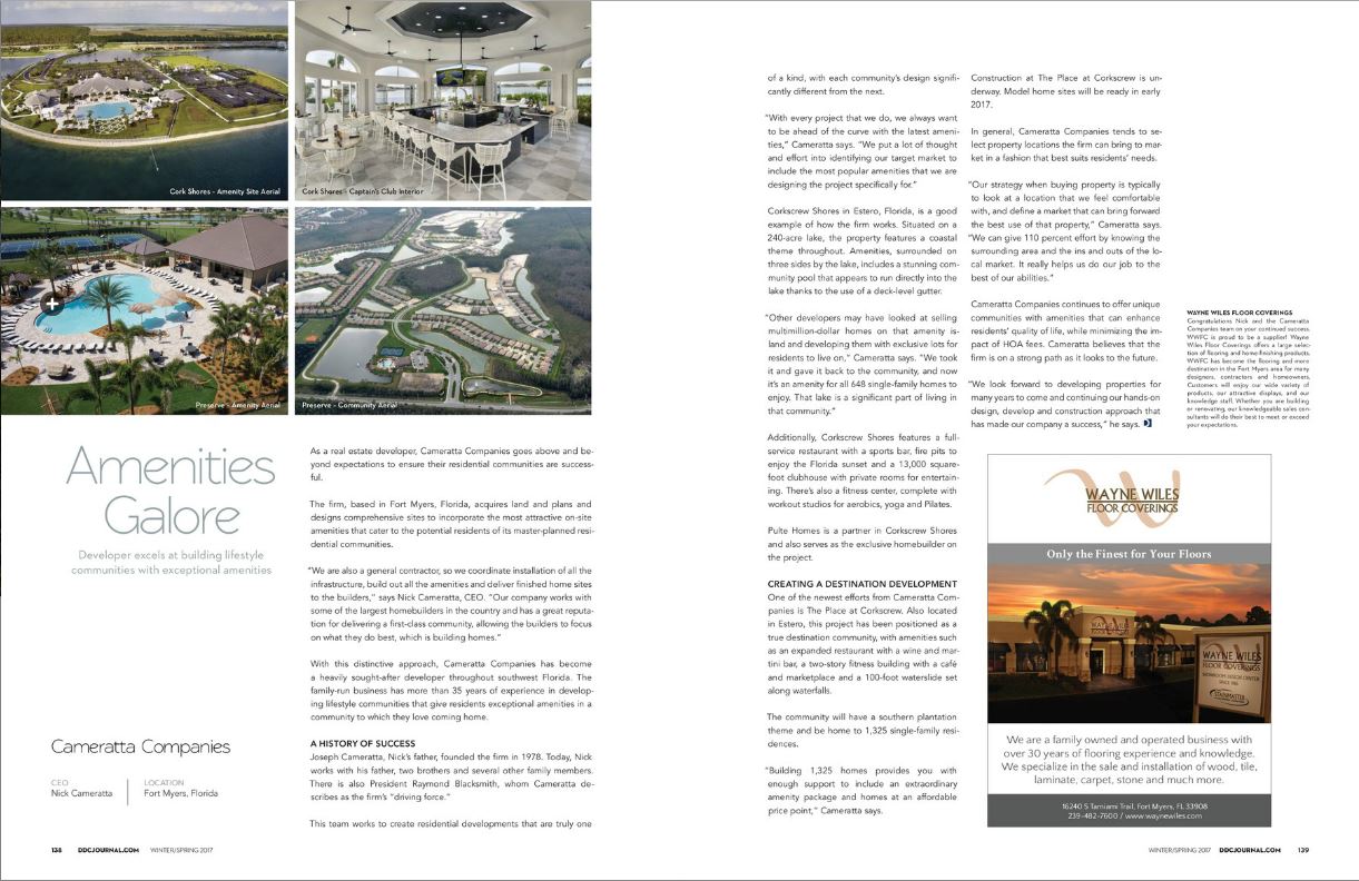 Two-page brochure layout showing an amenities gallery with a list of features and landscape photos.