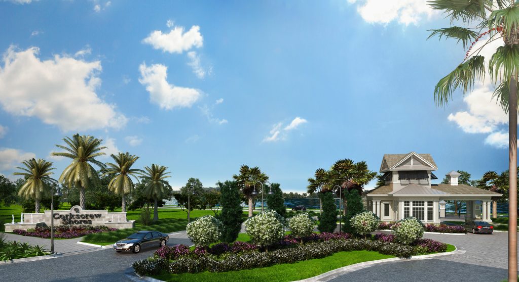 Tropical landscaped driveway with palm trees and a large house under a blue sky with scattered clouds.